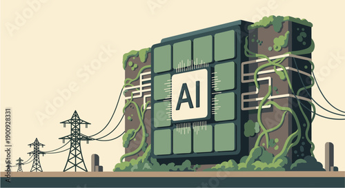 An illustrative depiction of artificial intelligence technology integrated with natural elements, symbolizing sustainable and eco-friendly AI development.