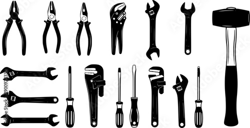 Hand Tool Silhouette Set – Pliers, Wrenches, Screwdrivers, Hammer, Mallet, Spanner for Mechanical and Repair Design
