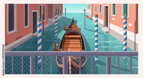 A picturesque canal scene with a gondola, bordered by quaint buildings and striped poles