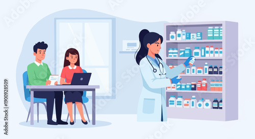 A pharmacist arranges medications on shelves while a patient consults with staff