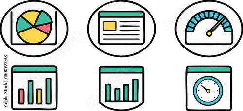 Visual Data Insights: A concise illustration of business-related graphical icons which can represent various data insights, suitable for data analysis and business visualization.