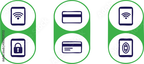 Payment and Security: Symbols of modern payment methods and security measures, including wireless, credit card, and secure access systems.