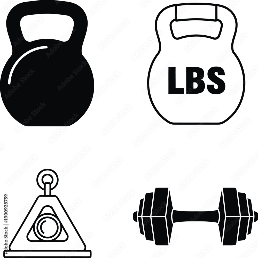 Fototapeta premium Set of weights, including kettlebells and dumbbells, for fitness and exercise routines