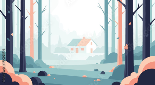 A minimalist forest scene with a cozy house nestled among trees