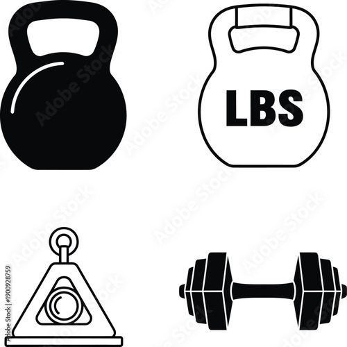 Set of weights, including kettlebells and dumbbells, for fitness and exercise routines