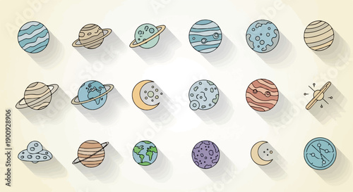 A hand-drawn collection of planets, moons, and a UFO