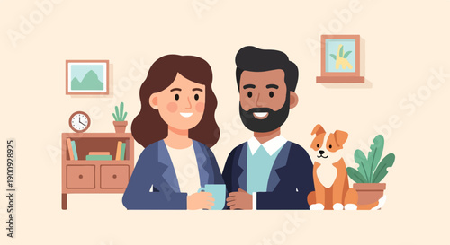 A happy couple and dog enjoying a moment together indoors