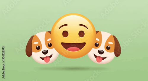 A happy yellow emoji smiles between two playful dogs