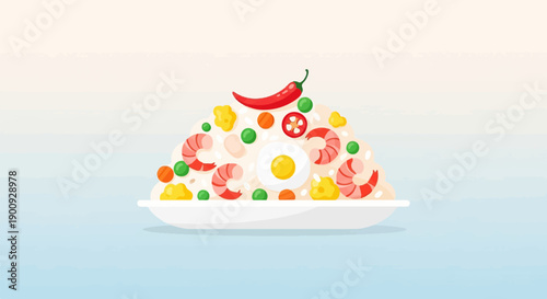 A heap of savory fried rice with shrimp, egg, peas, and chili