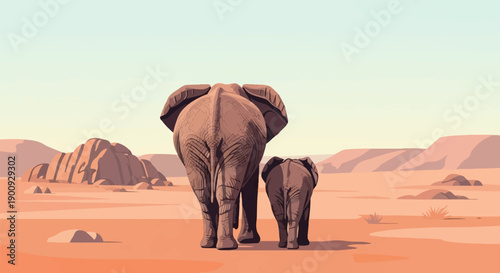 A large elephant and a smaller elephant walk away into a desert landscape