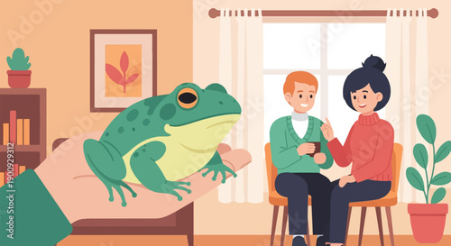A large frog is held in a person's hand while a couple chats in the background