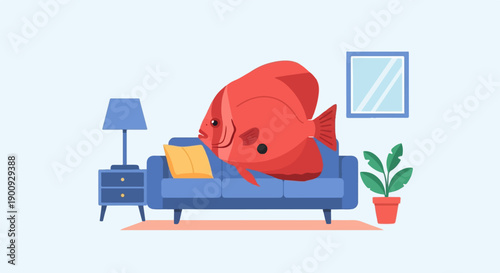 A large red fish sits comfortably on a blue couch in a living room