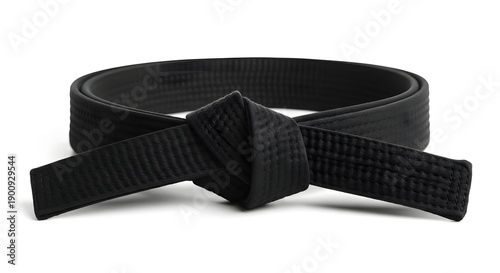 An elegantly tied black belt, a symbol of martial arts proficiency. This belt represents skill, discipline, and dedication in the sport