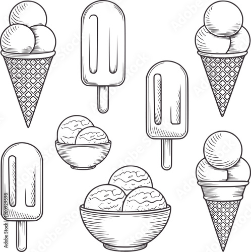 Black and of various ice cream treats cone popsicle bowl