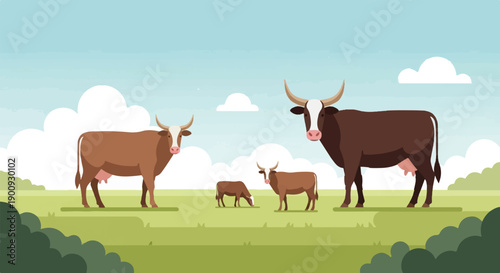 A picturesque meadow scene with four cows grazing under a blue sky