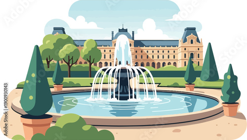 A picturesque park scene with a grand building and fountain