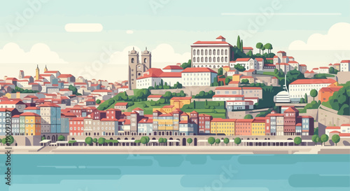 A picturesque waterfront cityscape featuring densely packed buildings climbing a hill