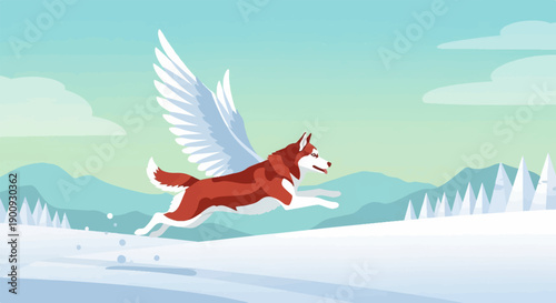 A red and white dog with wings runs through a snowy landscape