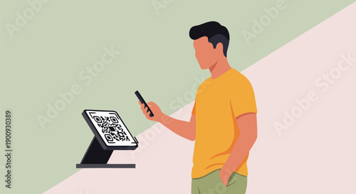 Modern vector illustration of a man using a smartphone to scan a QR code on a digital display, technology and convenience concept