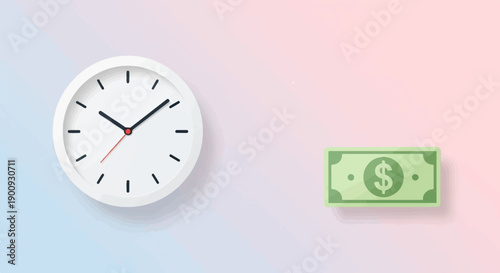 A simple white clock face and a green dollar bill on a pastel gradient
