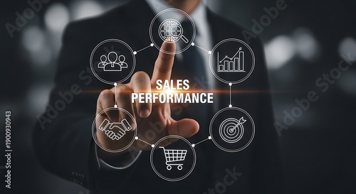 Businessman in suit interacting with sales performance graph target