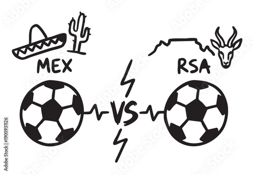 Mexico vs South Africa Soccer Rivalry Concept with Heartbeat Line Illustration