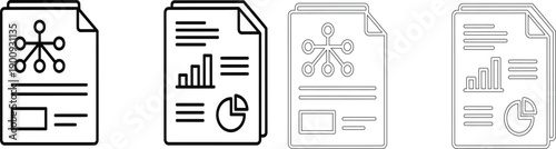 Vector line art icons representing business data analysis, financial reports, and statistical documentation for information management