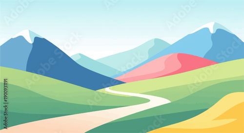 A simplified, colorful, and serene landscape with rolling hills and snow-capped mountains