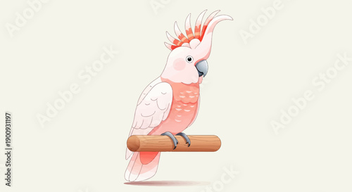 A pink cockatoo with a raised crest perches on a wooden dowel