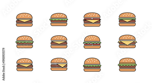 A set of colorful burger illustrations arranged in rows on a white background, featuring various hamburger designs and cheeseburger graphics.