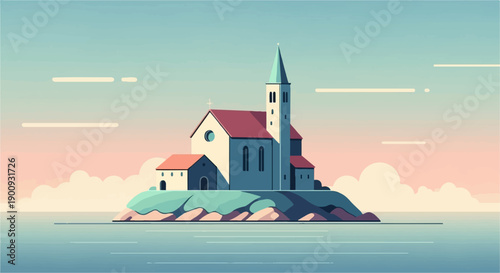 A serene scene of a white church with a red roof perched on a cliff overlooking the ocean