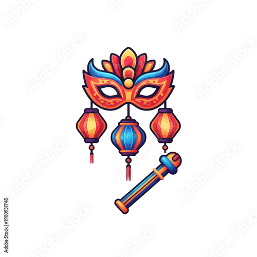 Colorful ornate carnival mask with lanterns and flute for festive celebration design, isolated on white background