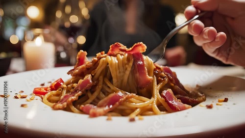A hand holds a fork as it lifts spaghetti topped with bacon from a white plate. The scene includes warm candlelight and blurred figures in the background.