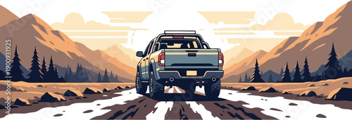 A pixelated pickup truck drives on a dirt road through mountains at sunset