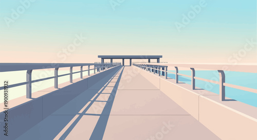 A minimalist pixel art pier with a clear blue sky and calm water