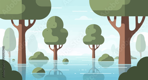 A serene, stylized landscape of trees reflected in still, blue water