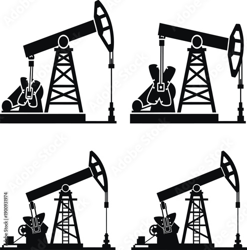 Four black and white illustrations of oil pump jacks in silhouette against a white background