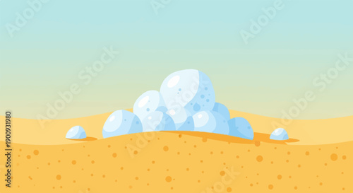 A minimalist, pixelated desert landscape with blue, spherical objects on yellow dunes
