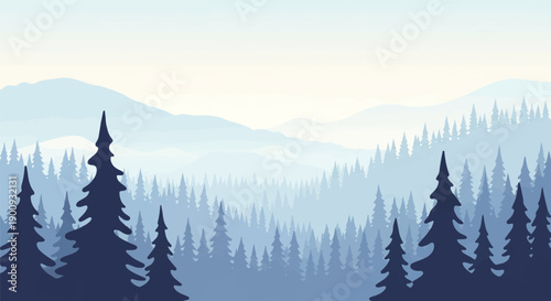 A serene vista of layered blue mountains and evergreen forest silhouettes