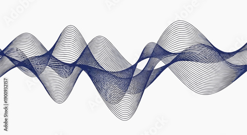 Dynamic abstract blue lines forming intricate wave patterns, evoking concepts of sound, frequency, and digital data visualization on a clean white background