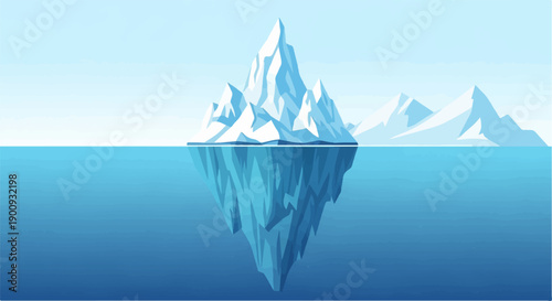 A sharp, angular iceberg reflected in calm, blue ocean waters