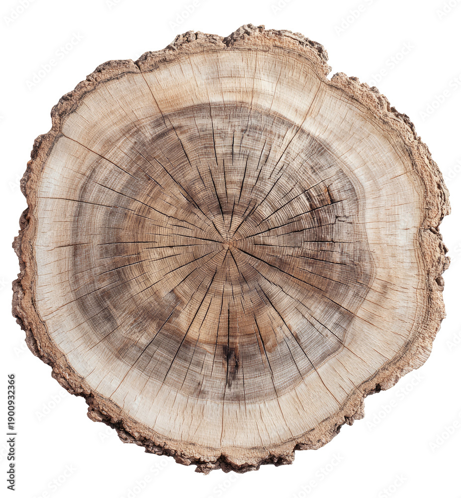 Fototapeta premium A detailed, high-angle close-up of a tree trunk cross-section, revealing concentric rings