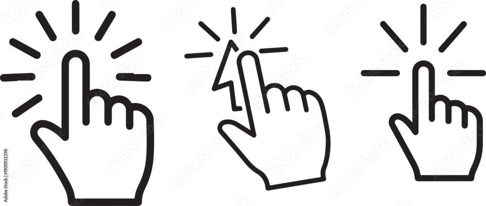Fototapeta premium Hand click cursor icon with tap gesture rays. Black line art pointer symbol for touch UI and UX interaction on white background eps eps