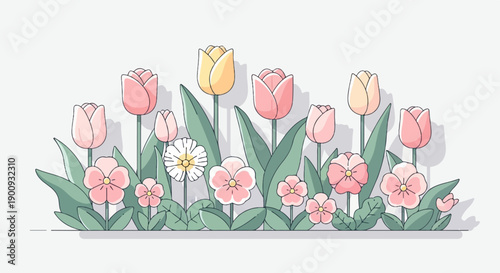 A row of delicate pastel tulips and pansies bloom, their shadows softly cast