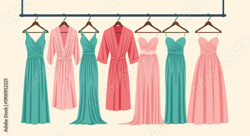 A row of elegant, flowing dresses and robes hangs on a rack