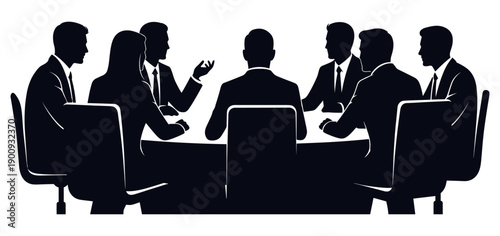 Business team silhouettes in boardroom meeting discussing strategy, leadership, collaboration, corporate planning, and professional decision making environment