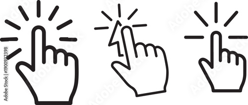 Hand click cursor icon with tap gesture rays. Black line art pointer symbol for touch UI and UX interaction on white background eps eps