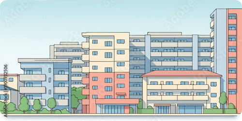 A row of multi-story buildings with balconies and windows
