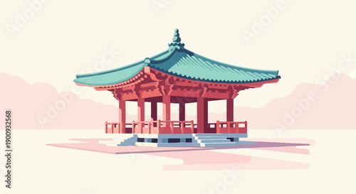 A pixel art illustration of a traditional pavilion with teal roof and red columns