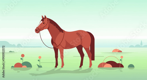 A pixelated horse stands in a misty green field with abstract plants